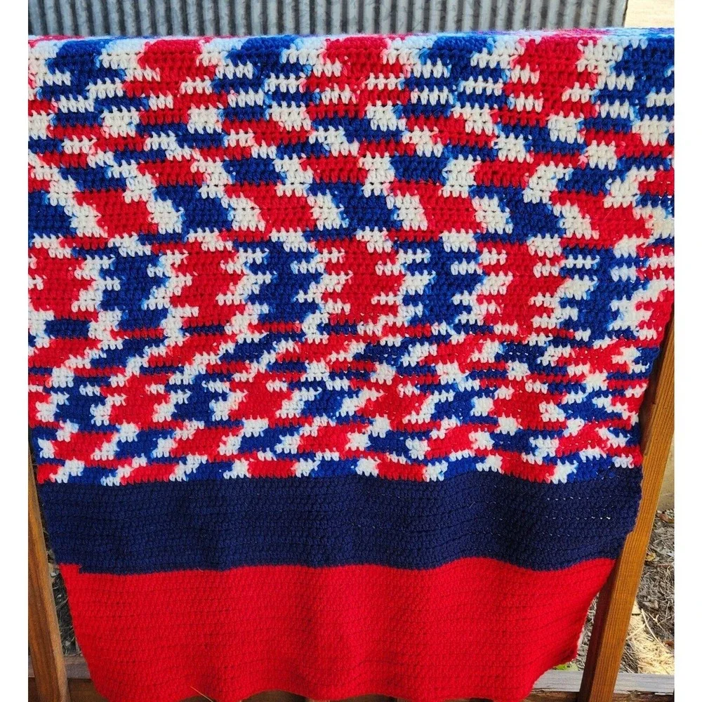 Crochet Afghan Blanket Red White Blue White Americana  50